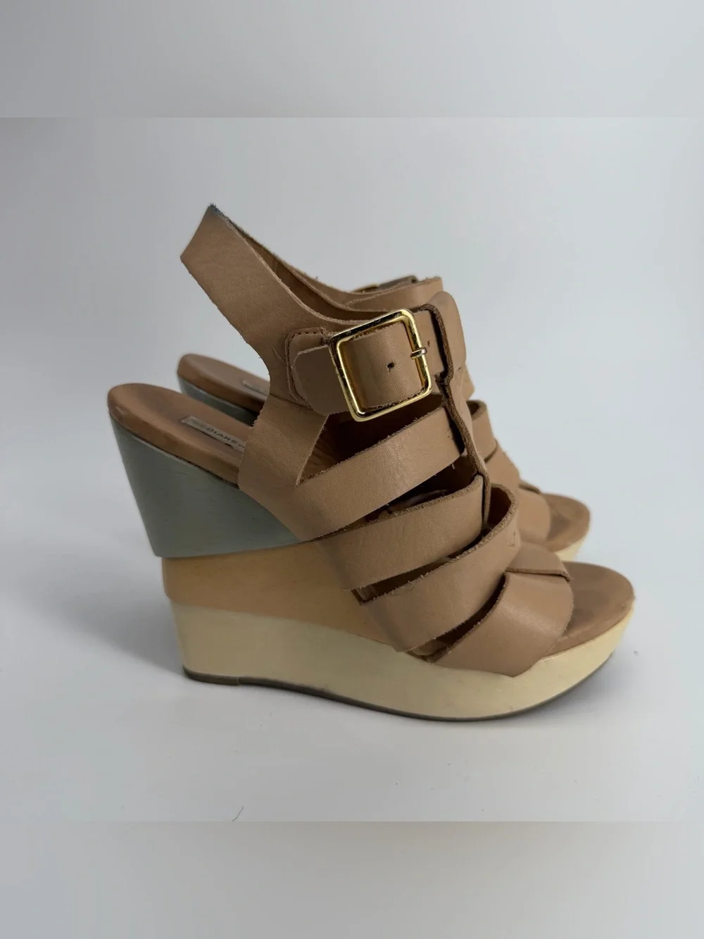 Diane von Furstenberg DVF Tan Leather Strappy Wedge Platform Sandals Size 5.5